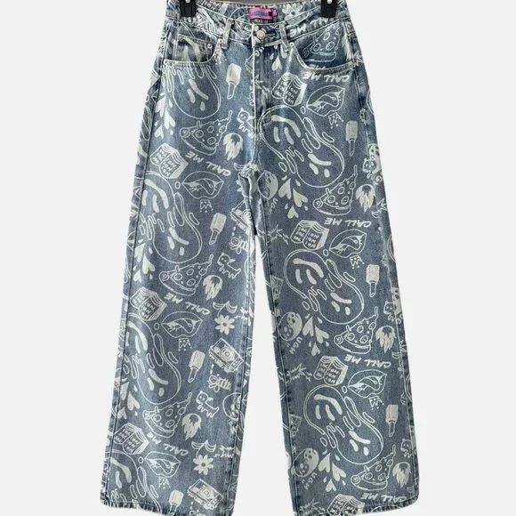 Edikted Cropped Denim Jacket & Malia Printed Wide Leg Jeans Streetwear - Picture 3 of 16